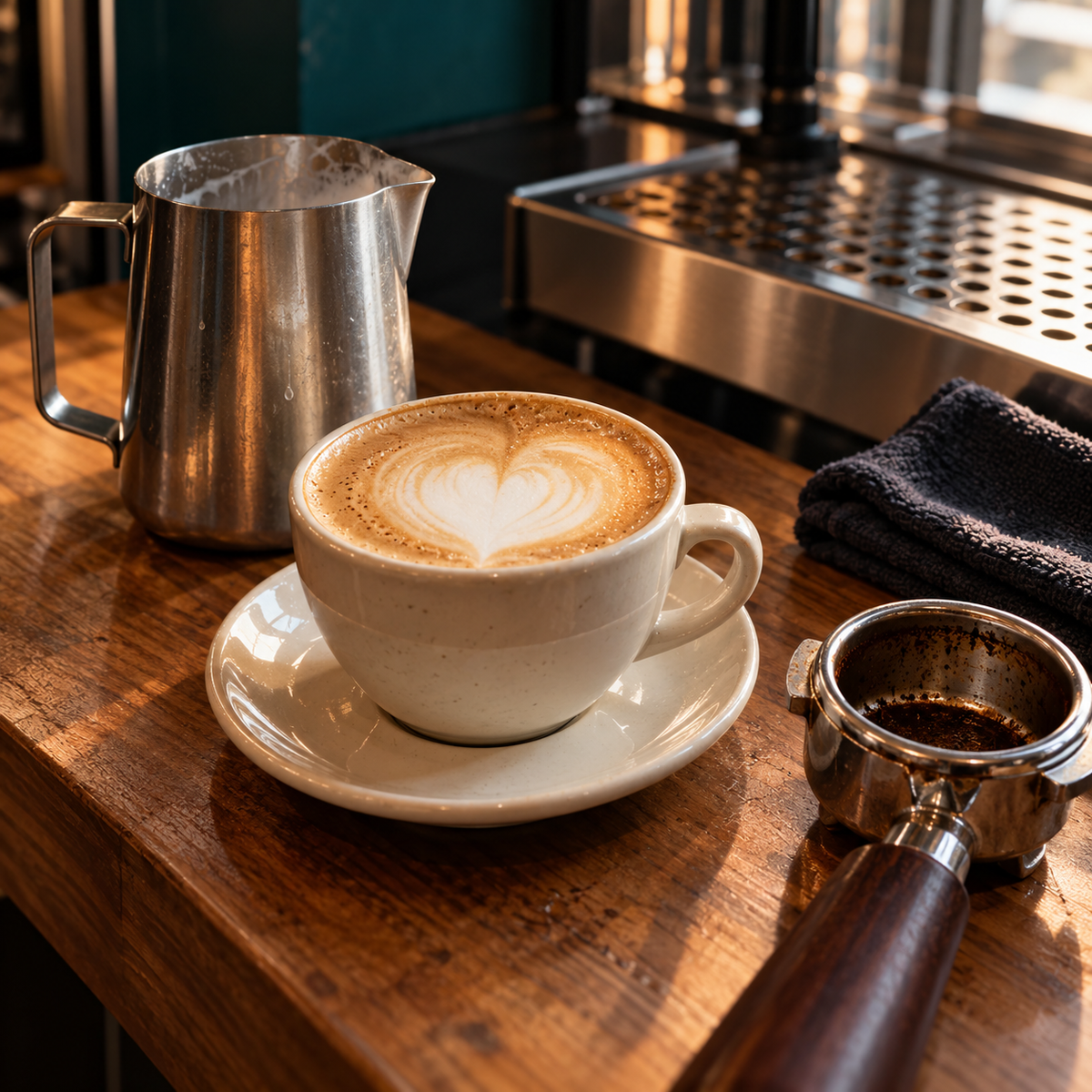Escena editorial generada con IA: taza de café y herramientas de barista sobre una barra de madera