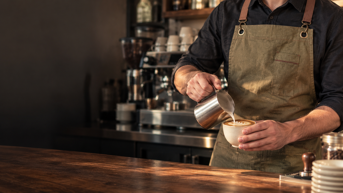 Escena editorial generada con IA: preparación de café en una barra, con delantal verde oliva